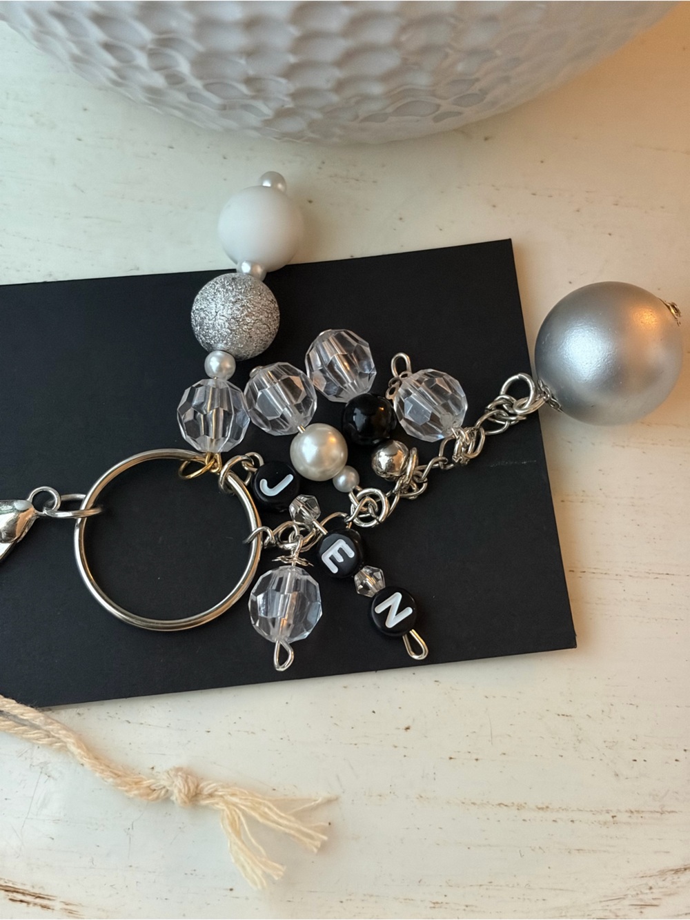 Personalized Beaded Key & Card Holder Charm in Black, White & Silver ‘JEN’